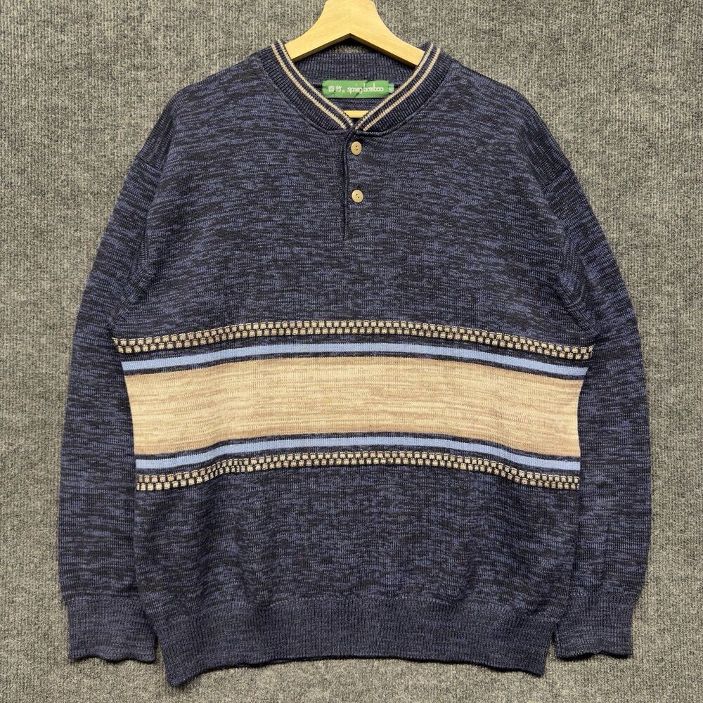 VTG Spring Bamboo Marled Knit Henley Sweater 90s Grandpa Colorblock Size L Wool